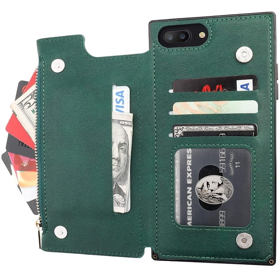 Wallet Case for iPhone 7 Plus/8 Plus with 3 Card Slots Cash Holder Zipper Design Premium PU Leather Sturdy Magnetic Closure 5.5 Inch(Green)