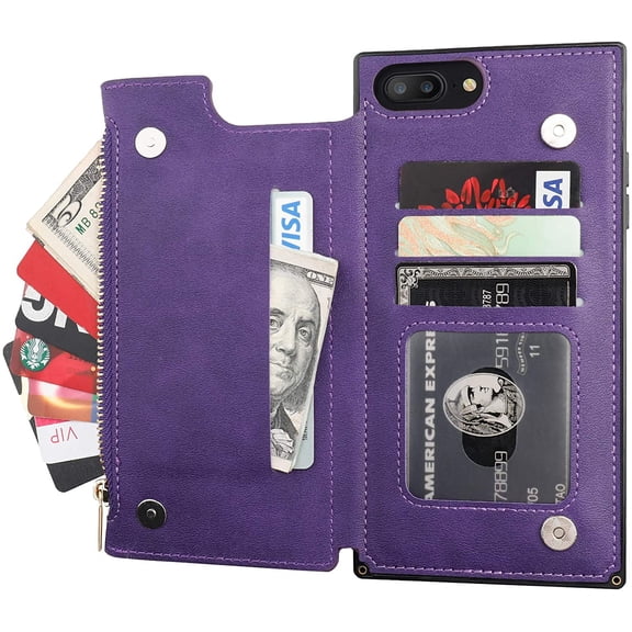 Wallet Case for iPhone 7 Plus/8 Plus with 3 Card Slots Cash Holder Zipper Design Premium PU Leather Sturdy Magnetic Closure 5.5 Inch(Purple)