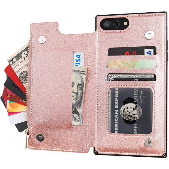 Wallet Case for iPhone 7 Plus/8 Plus with 3 Card Slots Cash Holder Zipper Design Premium PU Leather Sturdy Magnetic Closure 5.5 Inch(Rose Gold)