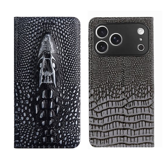 Wallet Case for iPhone Cowhide Card Slots Magnetic Kickstand Shockproof Flip Folio Vintage Protective Cover for Crocodile Head