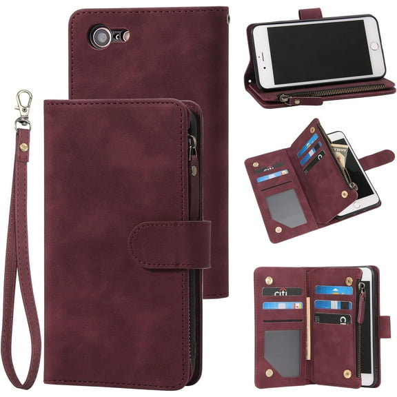 Wallet Case for iPhone SE 2022 5G / 7/8/SE 2020 [4.7"] - RFID Blocking, PU Leather, Zipper Flip, Wrist Strap, Kickstand, Wine Red