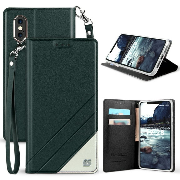 Wallet Case for iPhone X, Black Infolio Credit Card Slot Cover, View Stand [Bonus Wrist Strap/Lanyard] for Apple iPhone 10