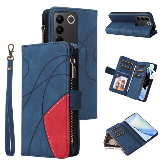 Wallet Case for vivo V27 Pro 5G, PU Leather 9 Card Slots with 1 Zipper Storage Bag Shockproof Cover for vivo V27 Pro 5G
