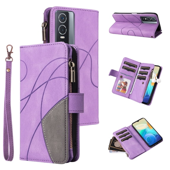 Wallet Case for vivo Y76 5G, PU Leather Zipper Storage Bag Kickstand Shockproof Flip Cover for vivo Y76 5G