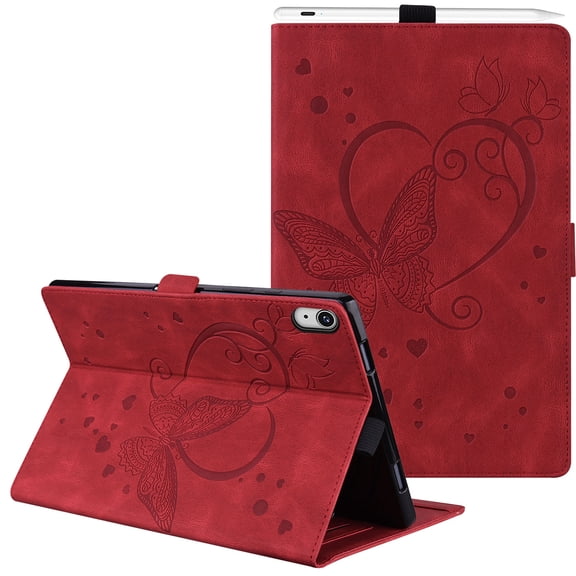 Wallet Case for iPad Mini 2021(6th Generation), iPad Mini 6 Case with Pen Slot, Allytech PU Leather Scratch-Free Anti-Slip Stand Card Pocket Embossed Butterfly Floral Case for iPad Mini 6 8.3", Red