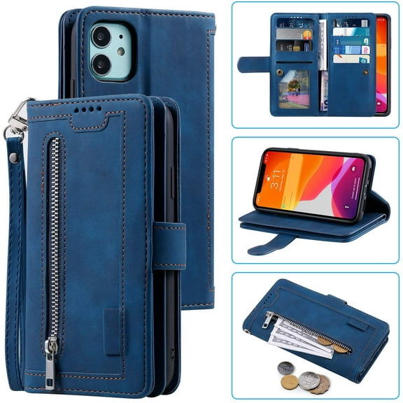 Wallet Case for iPhone 11 6.1 inches, Retro 9 Card Holder Slots Zipper Pocket Handbag Case PU Leather Magnetic Closure Kickstand with Wrist Strap TPU Shockproof Flip Case - Blue