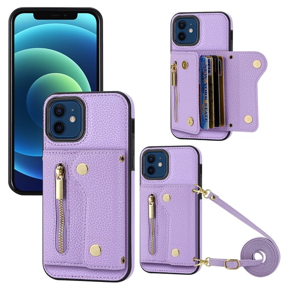 Wallet Case for iPhone 11, Classic Lychee Texture PU Leather Purse Case with Accordion Card Slots, Protective Crossbody Flip Cover with Zipper Shoulder Strap Lanyard for iPhone 11, Purple