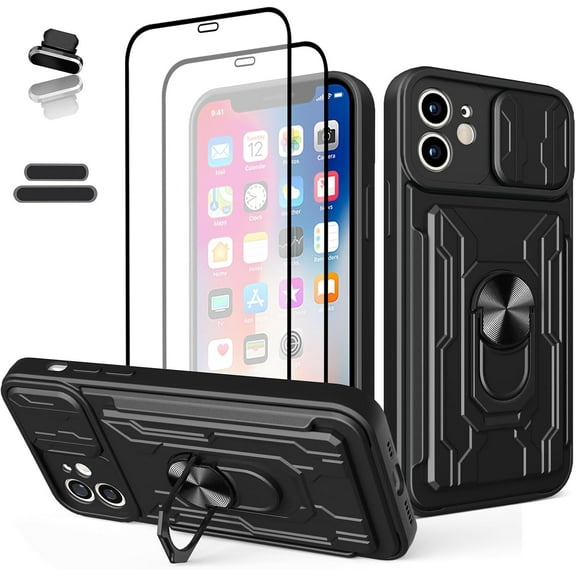 Wallet Case for iPhone 11, Credit Card Slot Sliding Door Hide Portable Design, Heavy Duty Double Layer Hybrid Cushioned Rubber Bumper Protection Suitable for iPhone 11 6.1 Inches Male-Black