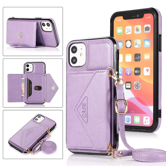 Wallet Case for iPhone 11, Detachable Crossbody Lanyard Strap PU Leather+Soft TPU Bumper Magnetic Clasp Back Flip Credit Card Slots Kickstand Cover for iPhone 11 - 6.1", Purple
