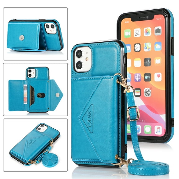 Wallet Case for iPhone 11, Detachable Crossbody Lanyard Strap PU Leather+Soft TPU Bumper Magnetic Clasp Back Flip Credit Card Slots Kickstand Cover for iPhone 11 - 6.1", Blue