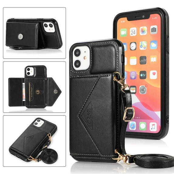 Wallet Case for iPhone 11, Detachable Crossbody Lanyard Strap PU Leather+Soft TPU Bumper Magnetic Clasp Back Flip Credit Card Slots Kickstand Cover for iPhone 11 - 6.1", Black