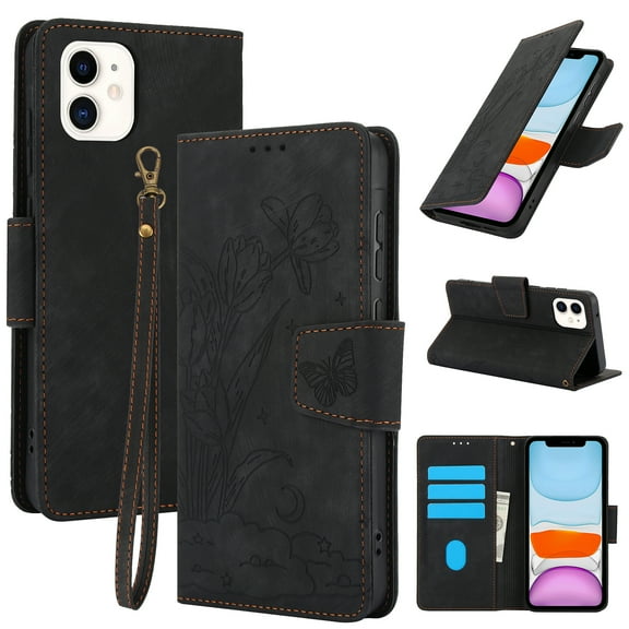 Wallet Case for iPhone 11,PU Leather Wallet Flip Protective Phone Case Wrist Strap Card Slots Holder Pocket Emboss Butterfly Flower Stand Shockproof Phone Case for iPhone 11,Black