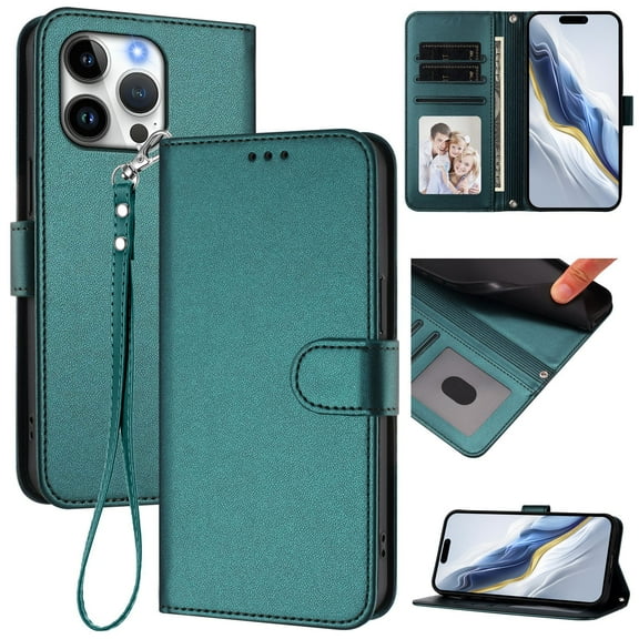 Wallet Case for iPhone 11, PU Leather Protective Case Wallet with Card Holder/Cash Slot, Flip Kickstand, Wrist Hand Strap, Magnetic Clasp, Shockproof Full Body Phone Cover, Darkgreen