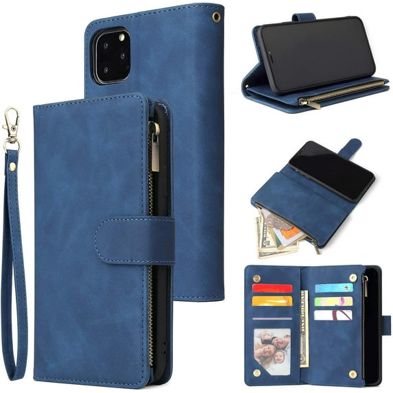 Wallet Case for iPhone 11, Premium Vintage PU Leather Magnetic Closure Handbag Zipper Pocket Case Kickstand Card Holder Slots with Wrist Strap TPU Shockproof Flip Cover for iPhone 11 - Blue