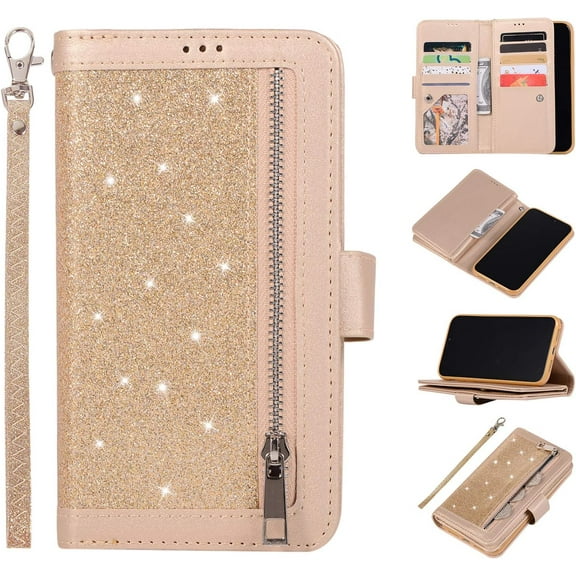 Wallet Case for iPhone 11 Pro 5.8 inch 2019,Magnetic Handbag Zipper Pocket PU Leather Flip with 9 Card Slots and Wrist Strap Folio TPU Inner Stand Case - Gold