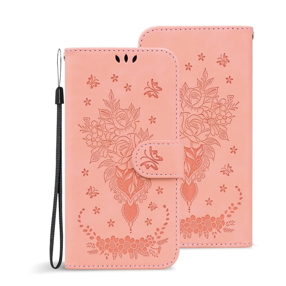 Wallet Case for iPhone 11 Pro 6.5 Inch, Flower Embossed PU Leather Shockproof Wrist Strap Magnetic Flip Folio Purse Case with Kickstand Card Slots Phone Cover for iPhone 11 Pro 5.8 Inch,Pink