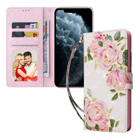 Wallet Case for iPhone 11 Pro Max 6.5 Inch, Flower Pattern Stand Feature Protective PU Leather Flip Folio Cover with Card Slots Side Cash Pocket Magnetic Closure Wrist Strap Case,Rose Flower