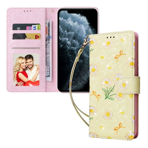 Wallet Case for iPhone 11 Pro Max 6.5 Inch, Flower Pattern Stand Feature Protective PU Leather Flip Folio Cover with Credit Card Slots Side Cash Pocket Magnetic Closure Wrist Strap Case,Yellow Daisy