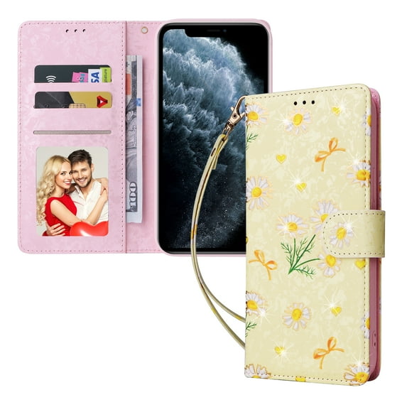 Wallet Case for iPhone 11 Pro Max 6.5 Inch, Flower Pattern Stand Feature Protective PU Leather Flip Folio Cover with Credit Card Slots Side Cash Pocket Magnetic Closure Wrist Strap Case,Yellow Daisy