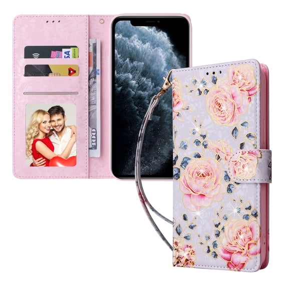 Wallet Case for iPhone 11 Pro Max 6.5 Inch, Flower Pattern Stand Feature Protective PU Leather Flip Folio Cover with Credit Card Slots Side Cash Pocket Magnetic Closure Wrist Strap Case,Pink Rose