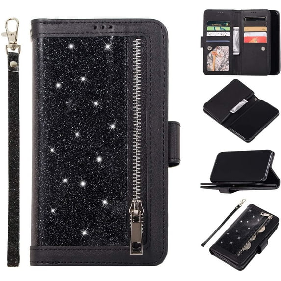 Wallet Case for iPhone 11 Pro Max 6.5 inch 2019,Magnetic Handbag Zipper Pocket PU Leather Flip with 9 Card Slots and Wrist Strap Folio TPU Inner Stand Case - Black