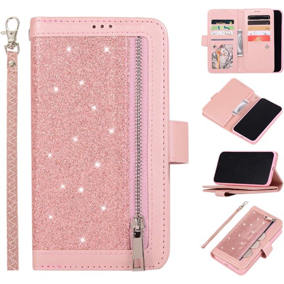 Wallet Case for iPhone 11 Pro Max 6.5 inch 2019,Magnetic Handbag Zipper Pocket PU Leather Flip with 9 Card Slots and Wrist Strap Folio TPU Inner Stand Case - Rose Gold
