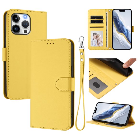 Wallet Case for iPhone 11 Pro Max, PU Leather Protective Case Wallet with Card Holder/Cash Slot, Flip Kickstand, Wrist Hand Strap, Magnetic Clasp, Shockproof Full Body Phone Cover, Yellow