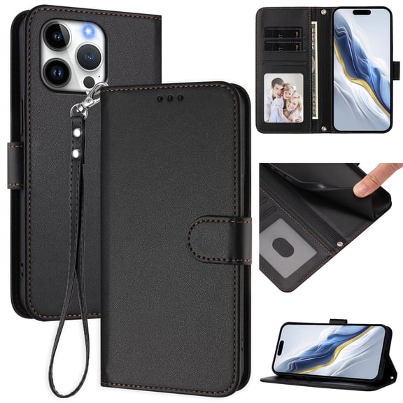 Wallet Case for iPhone 11 Pro Max, PU Leather Protective Case Wallet with Card Holder/Cash Slot, Flip Kickstand, Wrist Hand Strap, Magnetic Clasp, Shockproof Full Body Phone Cover, Black