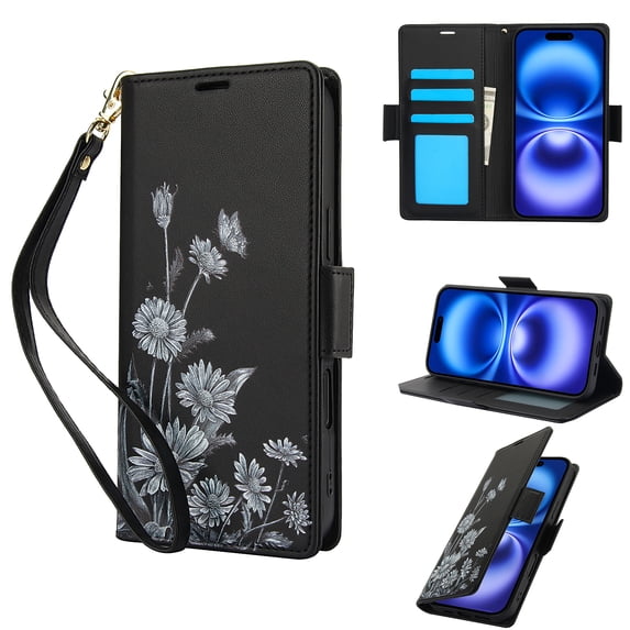 Wallet Case for iPhone 11 Pro Max, Stylish PU Leather Case Kickstand RFID Blocking Flip Case Card Slots Wrist Strap Floral Pattern Magnetic Closure Folio Cover, Heavy Duty Protection, Black