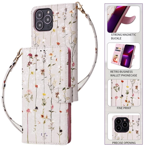 Wallet Case for iPhone 11 Pro with RFID Blocking Credit Card Slots Holder, Cute Patterned Gold Brushing Magnetic Flip Kickstand Wrist Strap Cover For iPhone 11 Pro, Dry Flower World