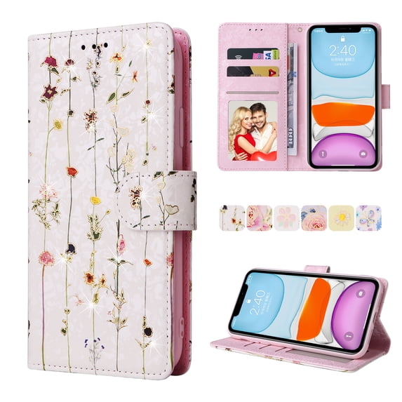 Wallet Case for iPhone 11 with RFID Blocking Credit Card Slots Holder, Cute Patterned Gold Brushing Magnetic Flip Kickstand Wrist Strap Cover For iPhone 11, Dry Flower World