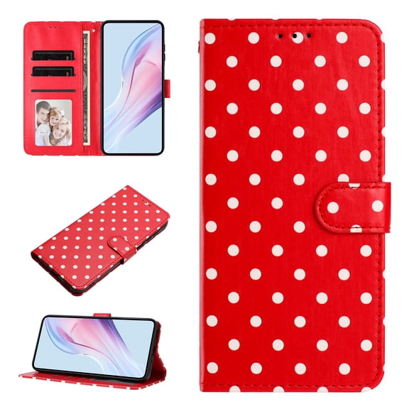 Wallet Case for iPhone 11, Wave Point Pattern Phone Case with Kickstand, 3 Card Slots and Cash Pocket Full Body Shock-Resistant Protective Folio Cover for Women Girls, Red