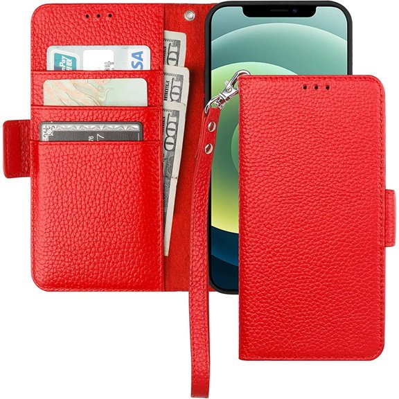 Wallet Case for iPhone 12/12 Pro, Genuine Leather Support Wireless Charging RFID Blocking Flip Case Card Slots Holder, Kickstand Book Folding Folio Cover with Wrist Strap 6.1 Inch (Red)