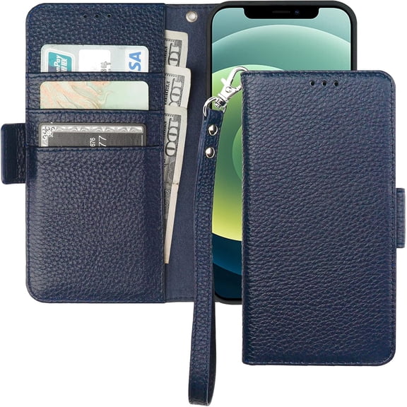 Wallet Case for iPhone 12/12 Pro, Genuine Leather Support Wireless Charging RFID Blocking Flip Case Card Slots Holder, Kickstand Book Folding Folio Cover with Wrist Strap 6.1 Inch (Dark Blue)