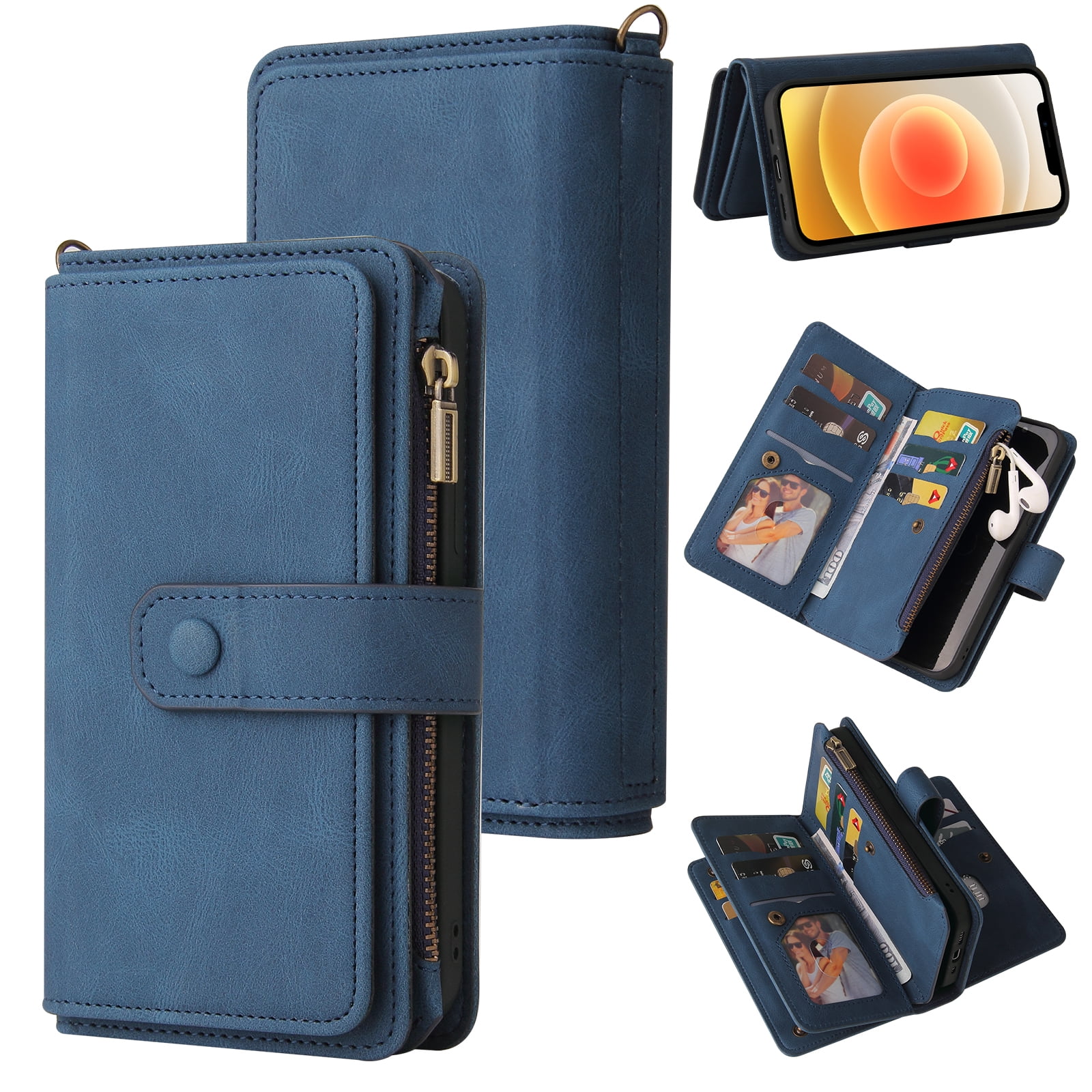 Wallet Case for iPhone 12 / 12 Pro, Magnetic Zipper Pouch Premium PU Leather with Kickstand Wallet Flip Shockproof Phone Case Wrist Strap Card Slots Holder Pocket iPhone 12 / 12 Pro,
Blue