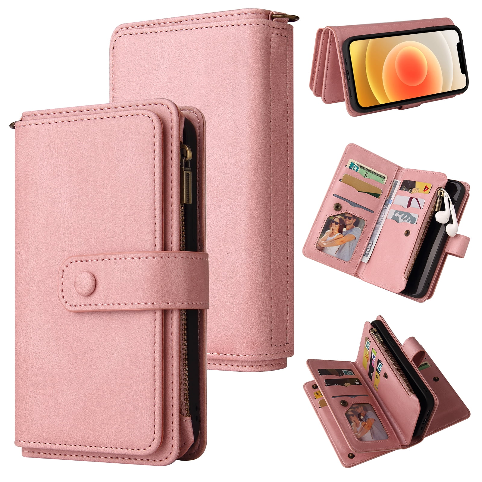 Wallet Case for iPhone 12 / 12 Pro, Magnetic Zipper Pouch Premium PU Leather with Kickstand Wallet Flip Shockproof Phone Case Wrist Strap Card Slots Holder Pocket iPhone 12 / 12 Pro,
Pink