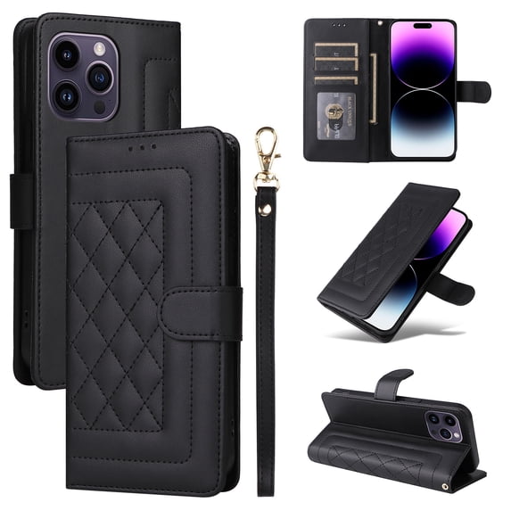 Wallet Case for iPhone 12/12 Pro, Vintage Wrist Strap Kickstand Credit Card Slots Magnetic Closure PU Leather Shockproof Drop Protective TPU Shell Compatible with iPhone 12/12 Pro, Black