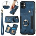 thumbnail image 1 of Wallet Case for iPhone 12, 360 Ring Holder Stand with Card Holder Premium Retro Leather Shockproof RFID Blocking Magnetic Clasp Hand Strap for Women Men For iPhone 12, Blue, 1 of 8