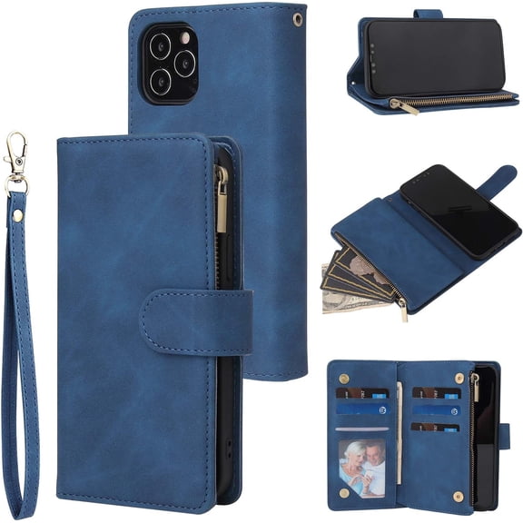 Wallet Case for iPhone 12 Mini 5.4 inch, Premium PU Leather Magnetic Closure Handbag Zipper Pocket Case Kickstand Card Slots with Hand Strap Shockproof Flip Case - Blue