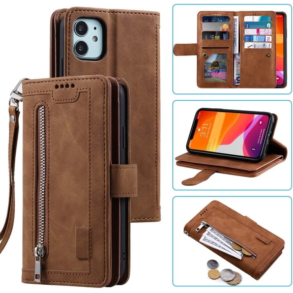 Wallet Case for iPhone 12 Mini 5.4 inch, Retro 9 Card Holder Slots Zipper Pocket Handbag Case PU Leather Magnetic Closure Kickstand with Wrist Strap TPU Shockproof Flip Case - Brown