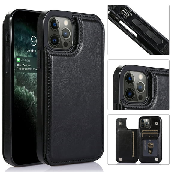 Wallet Case for iPhone 12 Mini with Card Holder, Back Folio Flip Premium PU Leather Kickstand Card Slots Case, Double Strong Magnetic Clasp Durable Shockproof Phone Case for iPhone 12 Mini,Black