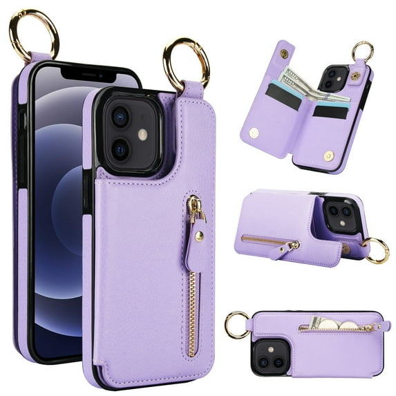 Wallet Case for iPhone 12 Mini, Premium Vintage PU Leather Magnetic Closure Handbag Zipper Pocket Case Kickstand Card Holder Slots with Ring Hook Shockproof Flip Cover for iPhone 12 Mini, Purple