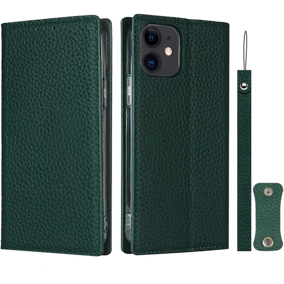 Wallet Case for iPhone 12 Mini with RFID Blocking Card Slots,Headset Winder,Flip Folio Magnetic Closure,Kickstand,Cash Pockets Wrist Strap Cover Case for iPhone 12 Mini 5.4",Deep Green