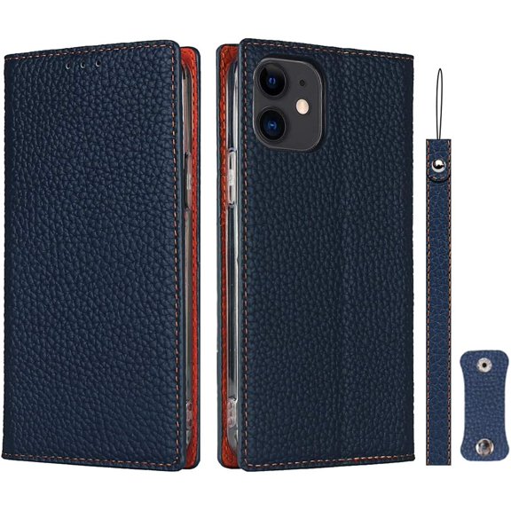 Wallet Case for iPhone 12 Mini with RFID Blocking Card Slots,Headset Winder,Flip Folio Magnetic Closure,Kickstand,Cash Pockets Wrist Strap Cover Case for iPhone 12 Mini 5.4",Dark Blue