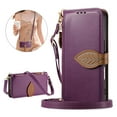 thumbnail image 1 of Wallet Case for iPhone 12 Pro / 12 Flip PU Leather Protective Kickstand Cover, with Lanyard & Crossbody Strap Shock-Absorbent Card Slots Zipper Pocket Leaf Design Magnetic Clasp Phone Case, Purple, 1 of 12