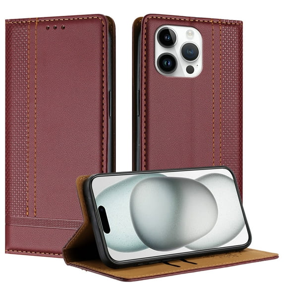 Wallet Case for iPhone 12 Pro/12, Premium PU Leather Magnetic Flip Folio Case with Credit Card Slots Multi-angle Kickstand Shockproof Protective Phone Case Cover, Winered