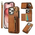 thumbnail image 1 of Wallet Case for iPhone 12 Pro / 12, with Wrist Strap 360 Rotating Finger Ring Flip Zipper PU Leather Stand Card Slots Shockproof Drop Protective Phone Cover Girls Women Magnetic Buckle, Brown, 1 of 8