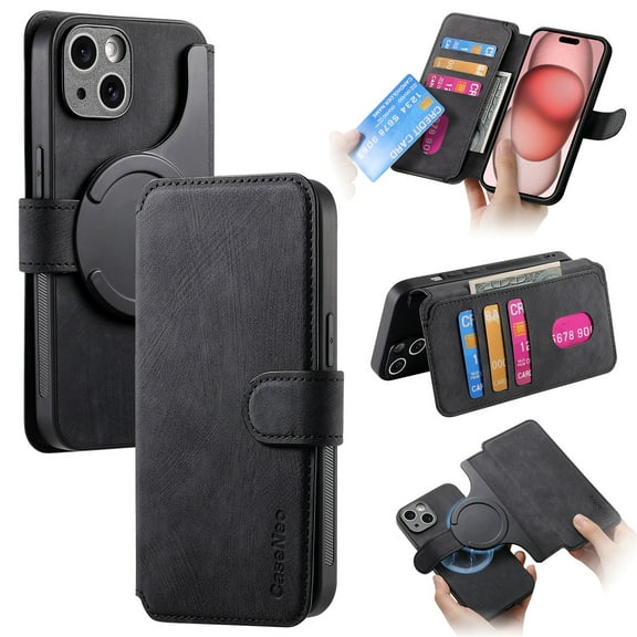Wallet Case for iPhone 12 Pro 6.1-inch Cash Credit Pocket Card Slots Holder Folio Flip Shockproof Full Coverage Detachable Magnetic Cover [Compatible with Magsafe] Kickstand, Black