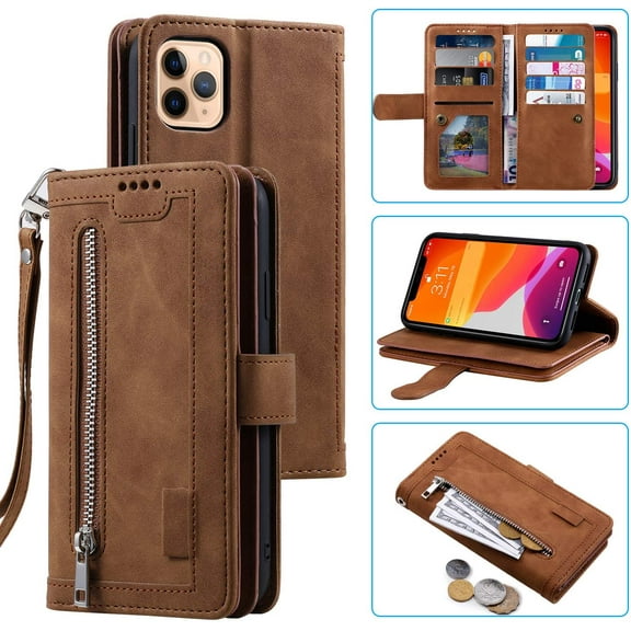Wallet Case for iPhone 12 iPhone 12 Pro 6.1 inch, Retro 9 Card Holder Slots Zipper Pocket Handbag Case PU Leather Magnetic Closure Kickstand with Wrist Strap TPU Shockproof Flip Case - Brown