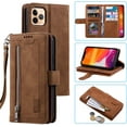 thumbnail image 1 of Wallet Case for iPhone 12 Pro Max 6.7 inch, Retro 9 Card Holder Slots Zipper Pocket Handbag Case PU Leather Magnetic Closure Kickstand with Wrist Strap TPU Shockproof Flip Case - Brown, 1 of 16